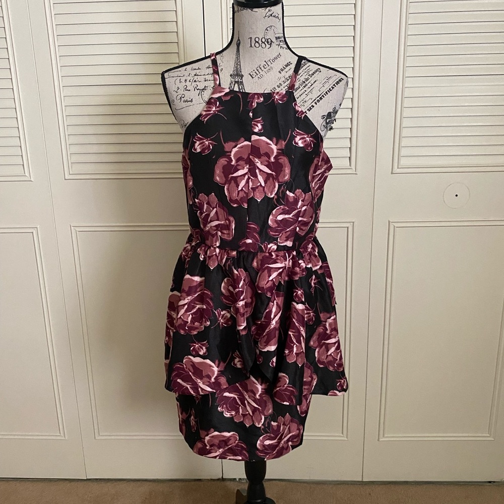 Venus black pink floral ruffle peplum sleeveless dress